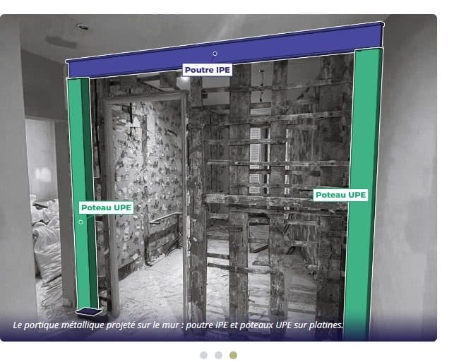 Visualisation d’un portique métallique projeté sur un mur à ouvrir : poutre en tête et deux poteaux