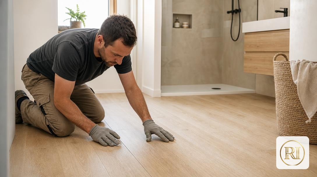 Rénovation salle de bain : sol vinyle imitation chêne clair posé sur le revêtement existant