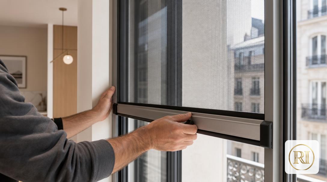 Moustiquaire enroulable sur mesure posée sur une fenêtre, toile déroulée et profilé aluminium, artisan en train de régler le