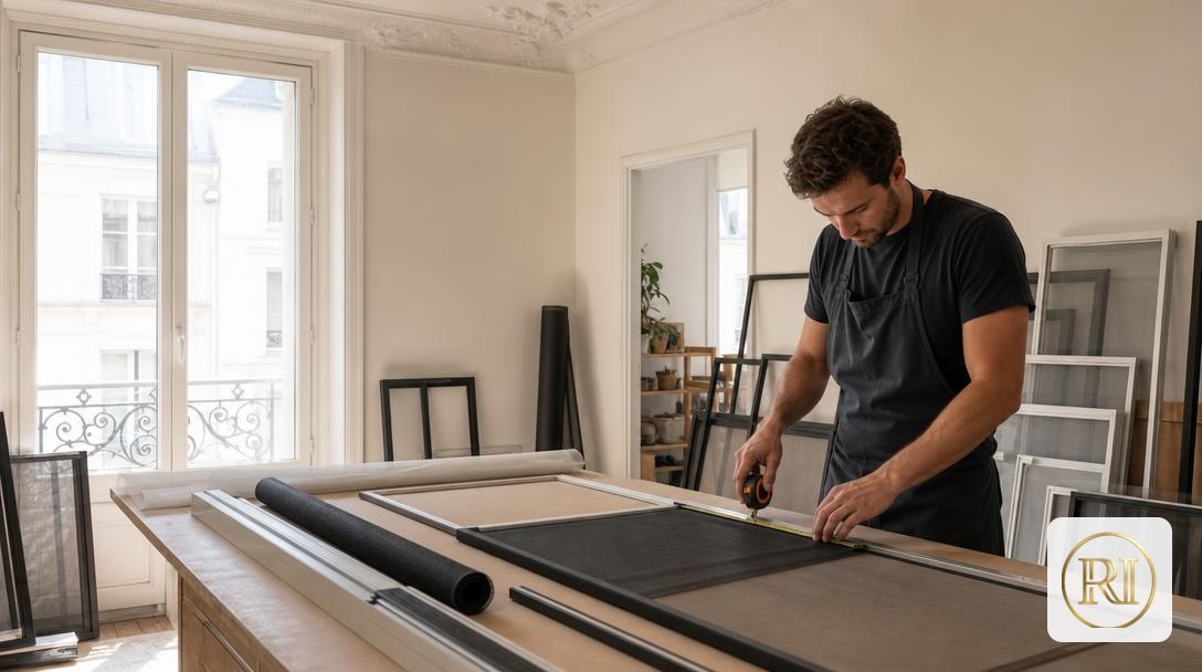 Fabrication sur mesure d’une moustiquaire fenêtre, artisan mesurant un profilé aluminium et découpant la toile