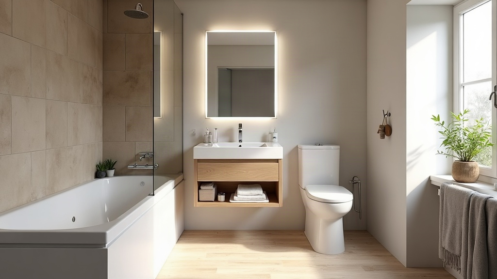 Petite salle de bain 3 m² avec douche à l'italienne 70×90 cm, paroi en verre sans profilé, meuble vasque suspendu et WC susp