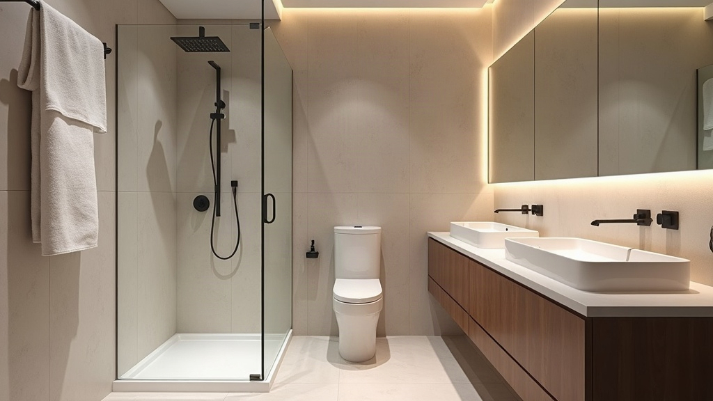 Paroi de douche en verre transparent et carrelage grand format clair avec miroir lumineux et éclairage indirect