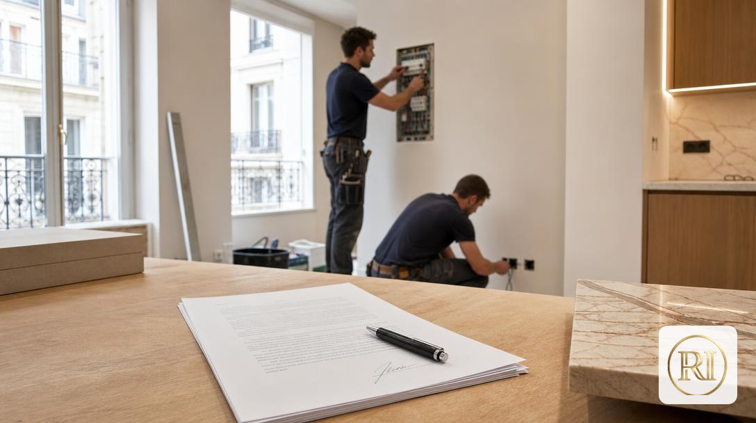 Procès‑verbal de réception des travaux signé posé sur une table de chantier dans un appartement rénové, artisans réglant un  